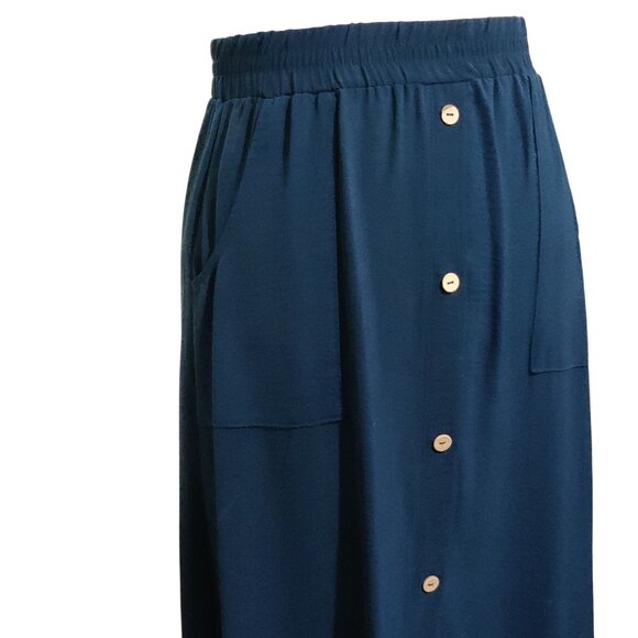 Emi & Joe L Navy Blue Midi Skirt Pockets Button Detail Flowy Boho Chic Preppy - Picture 8 of 9